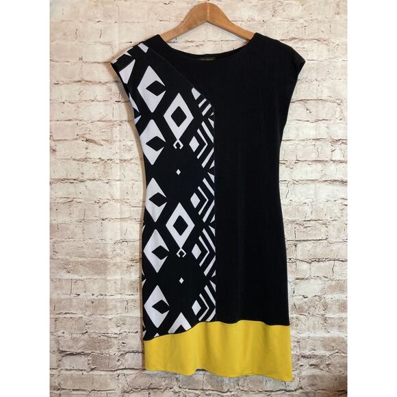 Eva Varro Dress Womens Small Black‎ & Yellow Colorblock Diamond Print Stretch - Picture 1 of 11